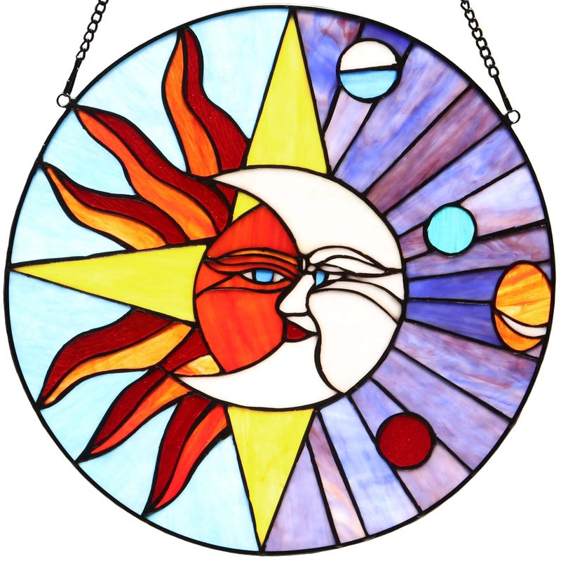 Bieye W10043 Sun Moon Star Face Tiffany Style Stained Glass Window Panel with Planets in Solar System, 16-inch Wide Round Shape, Blue - Image 1
